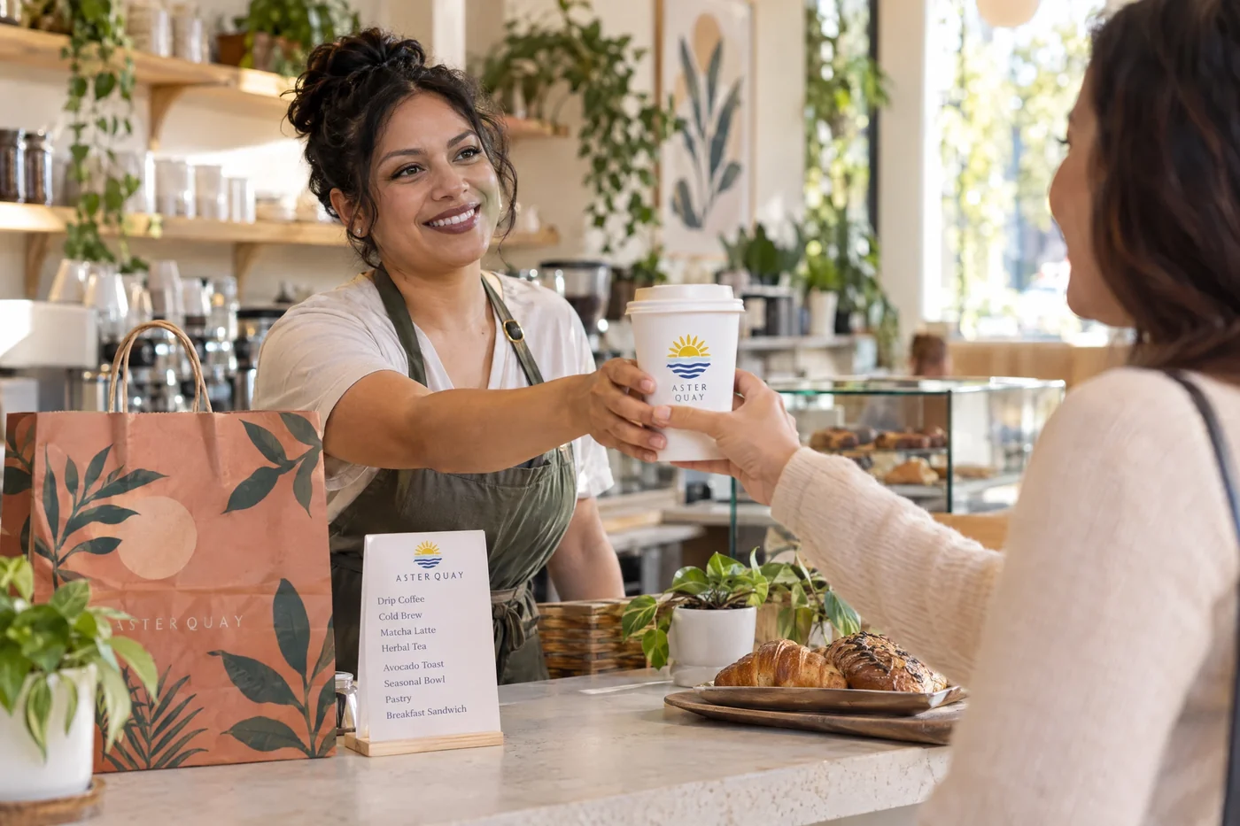 A cafe team member serving a guest a custom coffee cup