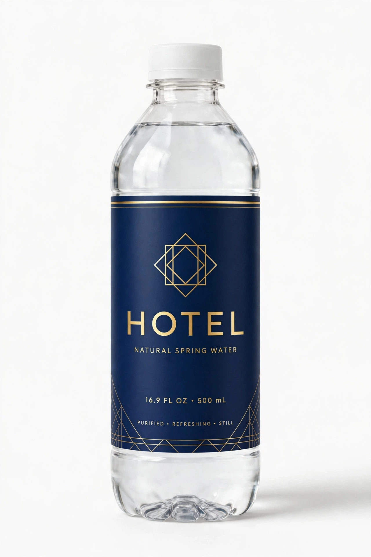Illustrative sample: clear plastic water bottle with a full-color custom hotel label.