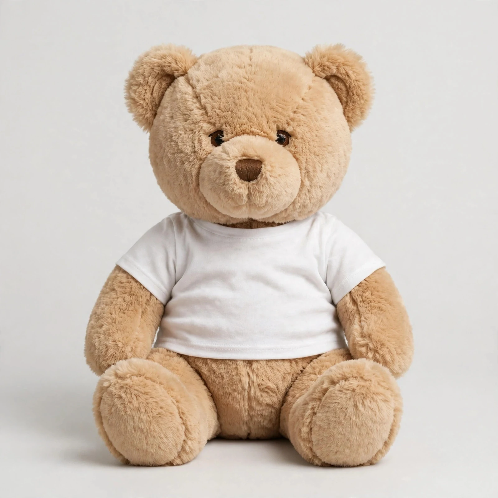 10 inch extra soft teddy bear wearing a T-shirt with a custom logo.